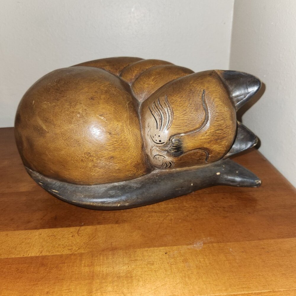 Sleeping Cat Wooden Sculpture Hand-Carved Decor 10" H x 9" L